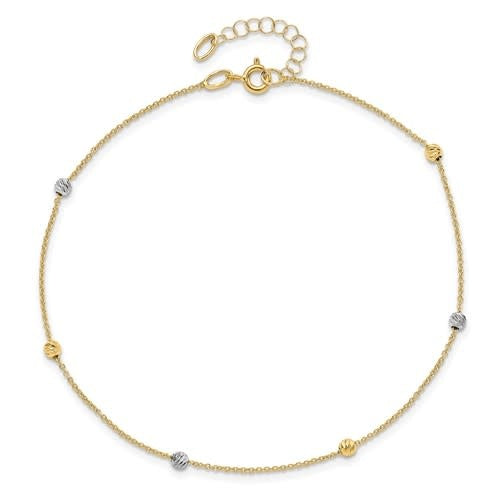 14K Two-Tone Polished Diamond Cut Beaded Anklet