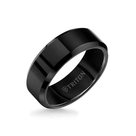Men's 8MM Black Tungsten Carbide Wedding Band with Bright Finish and Bevel Edge