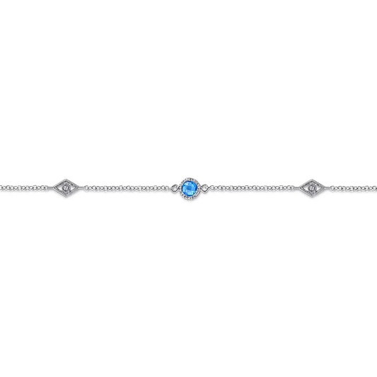 Sterling Silver Ankle Bracelet with Blue Topaz and White Sapphire Stations