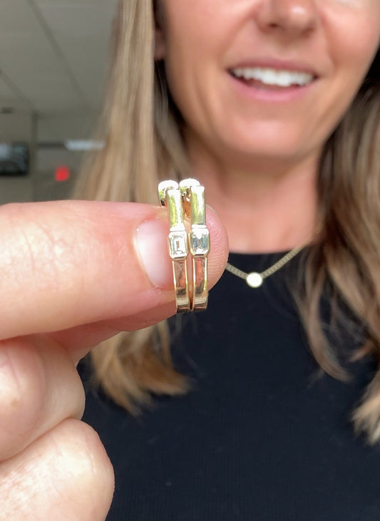 14K Yellow Gold Bezel Set Emerald Diamond Huggie Earrings