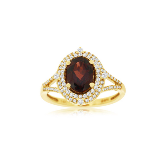 14K Yellow Gold Garnet and Diamond Double Halo Ring