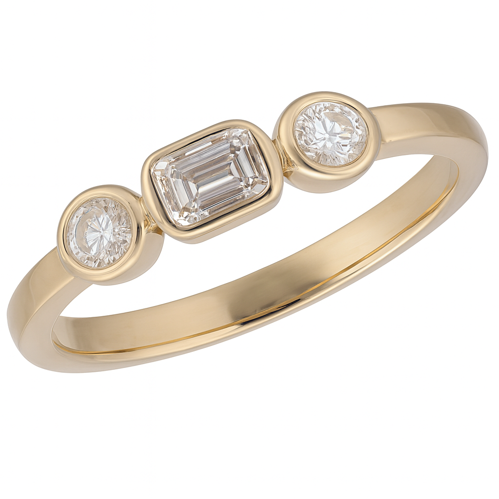 14K Yellow Gold .31ctw Baguette and Round Diamond Three Stone Ring