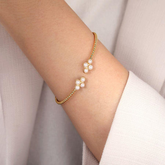 14K Yellow Gold Pearl Bujukan Open Bangle