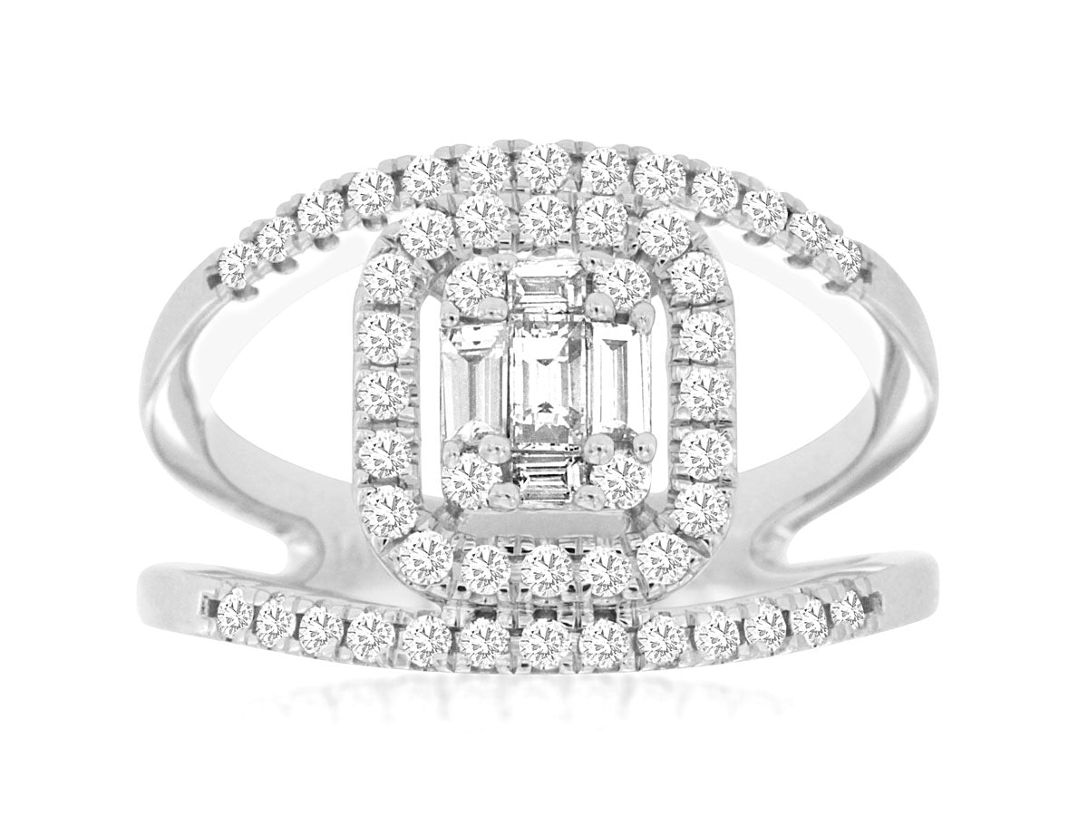 14K White Gold Baguette and Pave Diamond Open Shank Ring