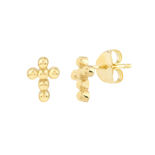 14K Yellow Gold Beaded Cross Earrings