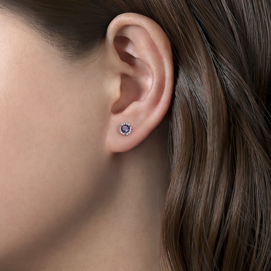 14K White Gold Round Amethyst and Diamond Halo Stud Earring