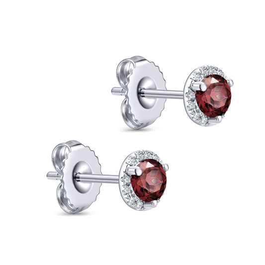 14K White Gold Round Garnet and Diamond Halo Stud Earring