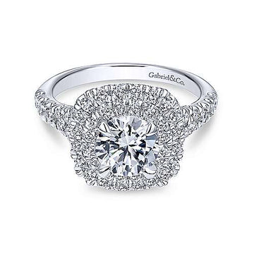 14k White Gold Cushion Double Halo Round Diamond Engagement Ring