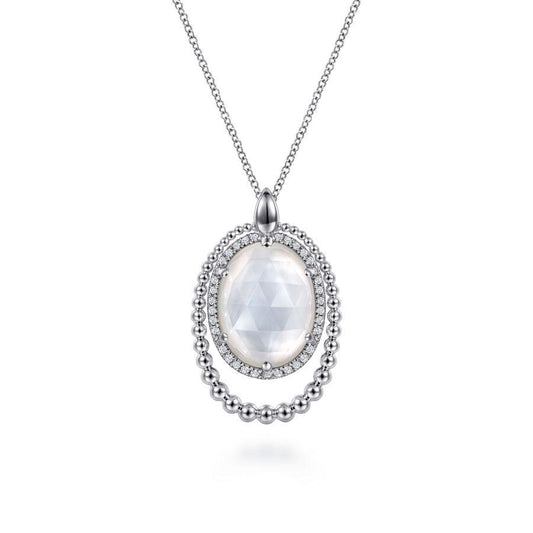Sterling Silver White Mother of Pearl and White Sapphires Necklace