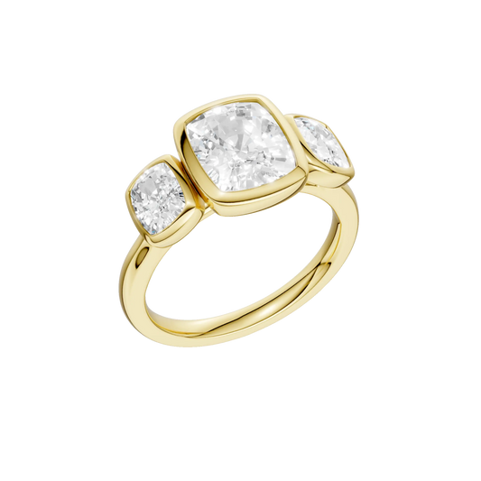 14K Yellow Gold Lab Grown 3.15ctw Elongated Cushion Diamond Three Stone Bezel Engagement Ring
