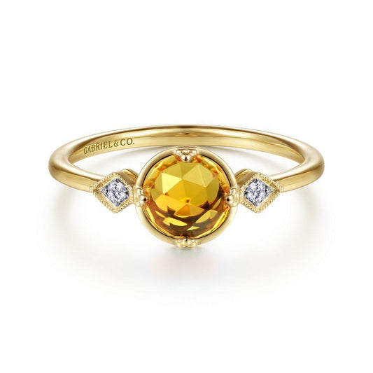 14K Yellow Gold Three Stone Citrine and Diamond Ring