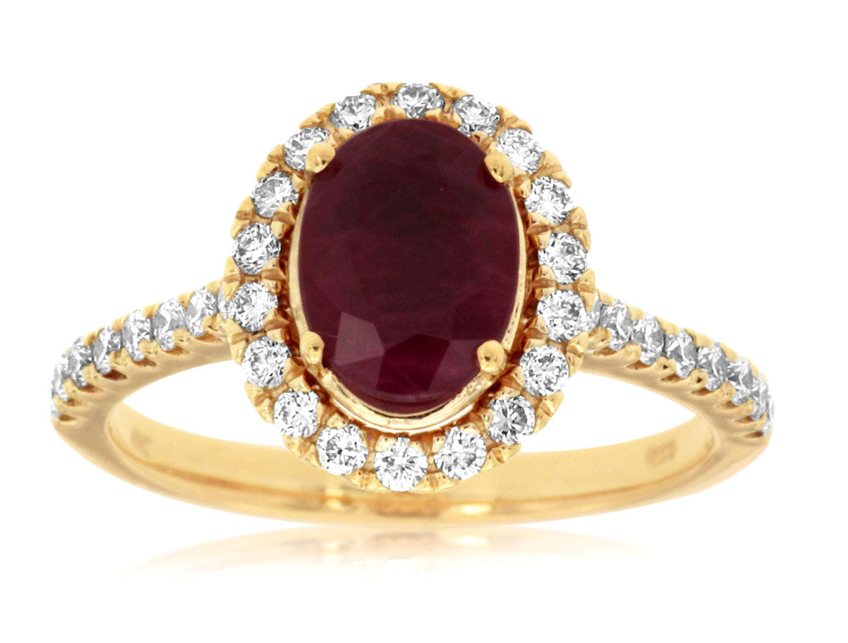 14K Yellow Gold Ruby and Diamond Halo Ring