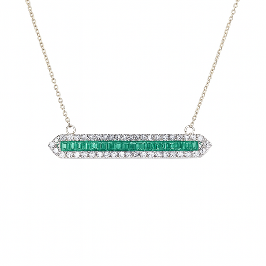 14K White Gold Emerald and Diamond Bar Necklace