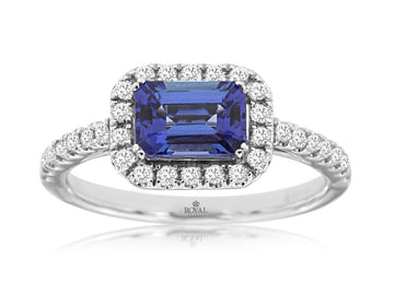14K White Gold East-West 1.15ctw Emerald Tanzanite and Pave Diamond Halo Ring