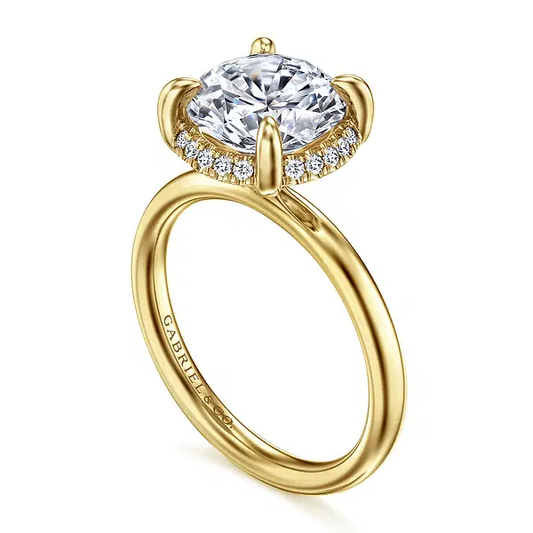 14K Yellow Gold Round Hidden Halo Diamond Engagement Ring