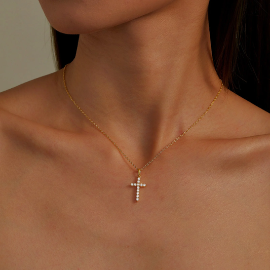 Sterling Silver Gold Plated Simulated Diamond Cross Necklace