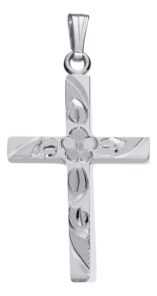 Sterling Silver Hand Engraved Cross with Flower