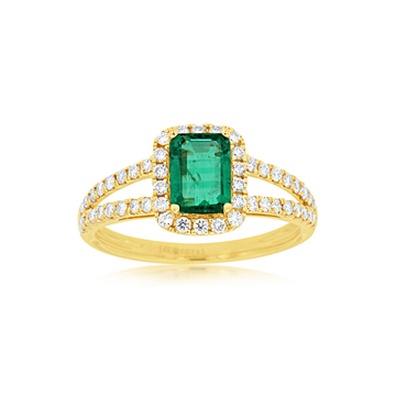 14K Yellow Gold Emerald and Pave Diamond Open Shank Ring