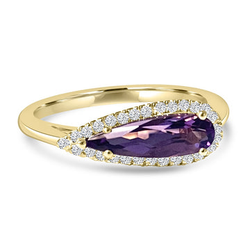 14K Yellow Gold Pear Amethyst and Pave Diamond Halo Ring