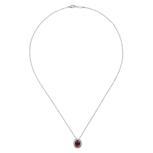 Sterling Silver Beaded Frame Oval Garnet Necklace