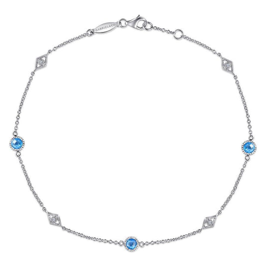 Sterling Silver Ankle Bracelet with Blue Topaz and White Sapphire Stations
