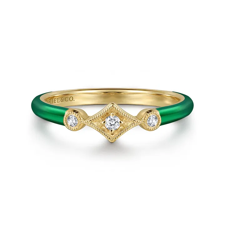 14K Yellow Gold Diamond Split Stackable with Chrome Green Enamel