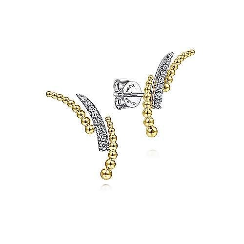 14K Yellow-White Gold Triple Split Curved Bar Diamond Stud Earrings