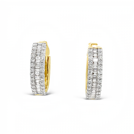 14K Yellow Gold Baguette and Pave Diamond Hoop Earrings