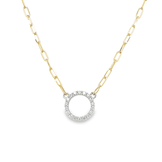 14K Two Tone Paper Clip and Diamond Circle Necklace
