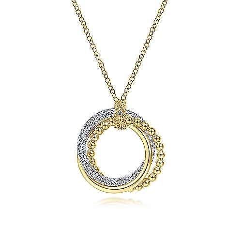 14K Yellow-White Gold Interlocking Circles Pendant Necklace with Diamond Pave