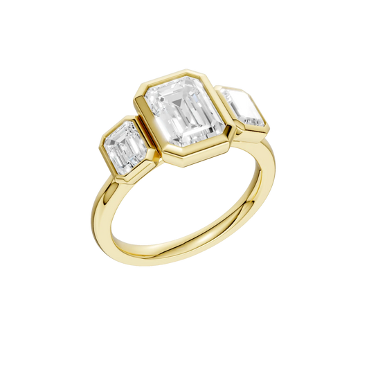 14K Yellow Gold Lab Grown 3.14ctw Emerald Diamond Three Stone Bezel Engagement Ring