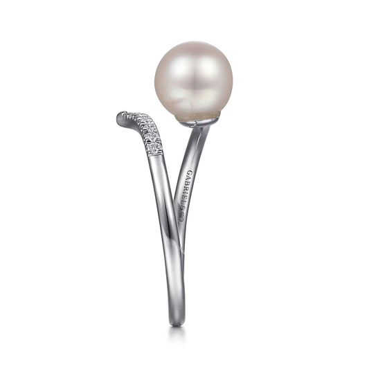 14K White Gold Cultured Pearl and Diamond Open Wrap Ring