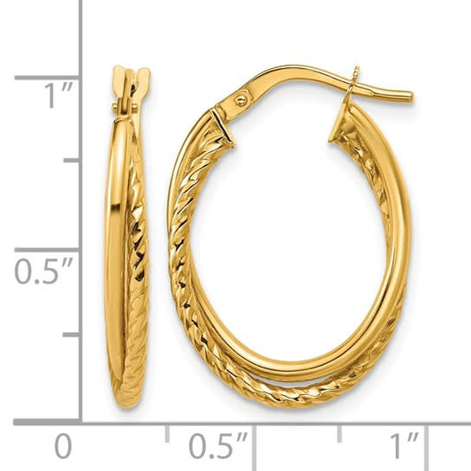 10K Gold Polished & Textured Oval Hoop Earrings