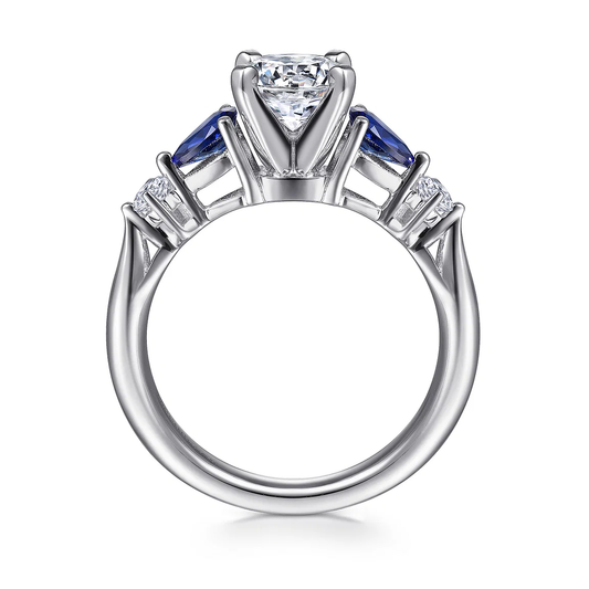 14K White Gold Round Five Stone Sapphire and Diamond Engagement Ring