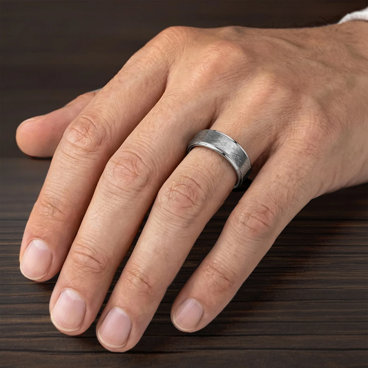 Men's 8mm Gunmetal Tungsten Carbide Wedding Band with Crystalline Center and Step Edge