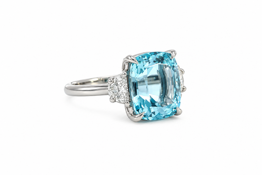Platinum 5.38ct Cushion Cut Aquamarine and Diamond Three-Stone Ring