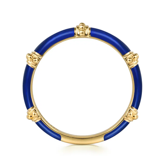 14K Yellow Gold Bujukan Bar Split Stackable Ring with Chrome Blue Enamel