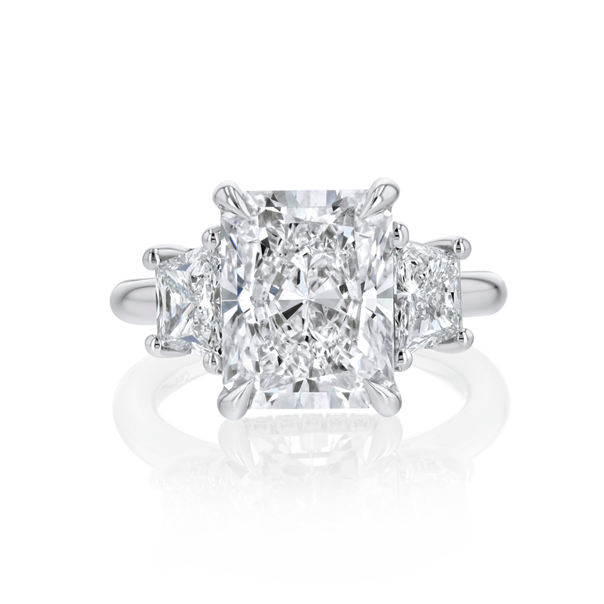 18K White Gold Lab Grown Radiant and Trapezoid Diamond Three Stone Engagement Ring