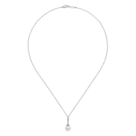 14K White Gold Cultured Pearl and Diamond Drop Pendant Necklace