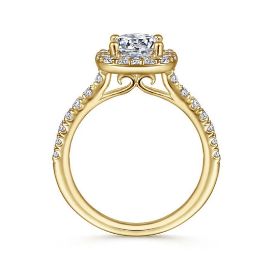 14K Yellow Gold Cushion Halo Round Diamond Engagement Ring