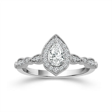 14K White Gold Vintage Style Pear Halo Engagement Ring