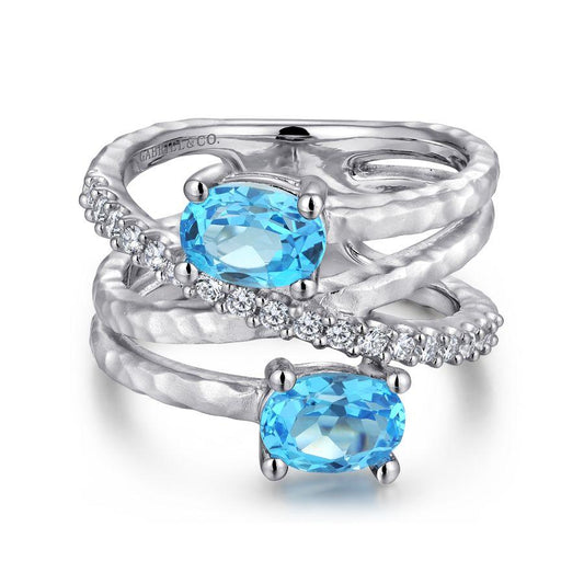 Sterling Silver Multi Row Blue Topaz and White Sapphire Ring