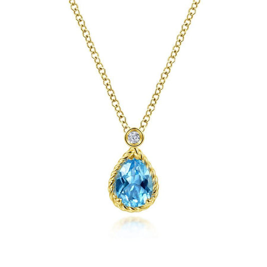 14K Yellow Gold Pear Shape Blue Topaz Pendant Necklace with Bezel Set Diamond