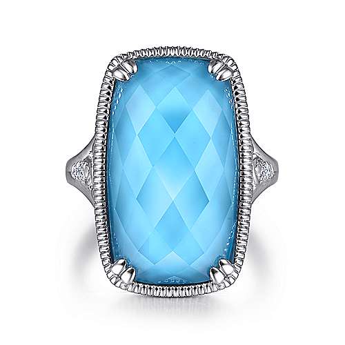 Sterling Silver Rock Crystal Turquoise Long Cushion Cut Ring