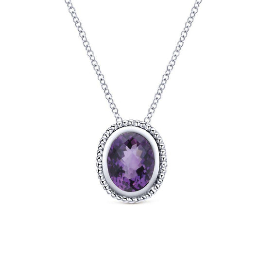 Sterling Silver Beaded Frame Oval Amethyst Necklace