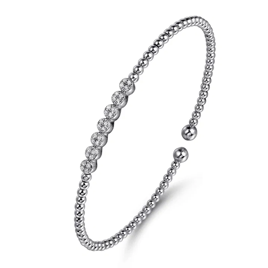 14K White Gold Bujukan Bead and Cluster Diamond Cuff Bangle