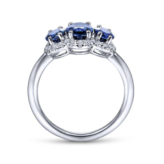 14K White Gold Diamond and Sapphire Oval Halo Three Stone Ring