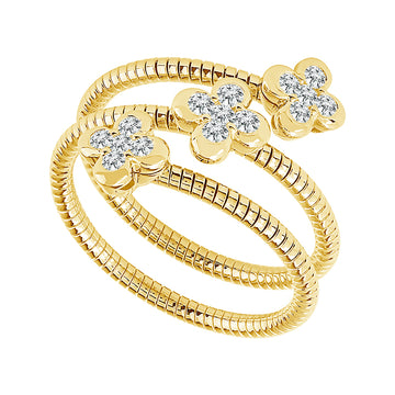 14K Yellow Gold 1/4ctw Pave Diamond 3 Flower Flex Wrap Ring