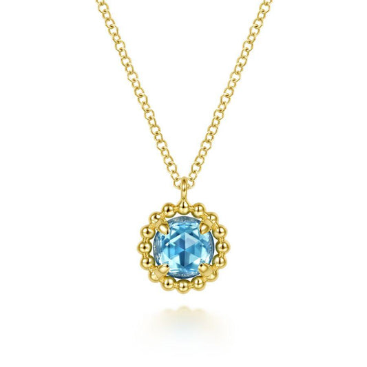 14K Yellow Gold Beaded Halo Blue Topaz Pendant Necklace
