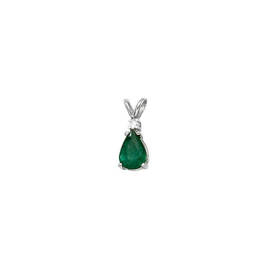 14K White Gold Pear Emerald and Diamond Pendant
